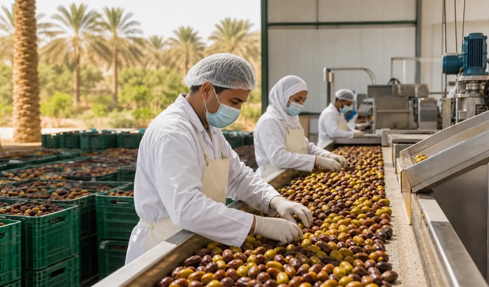 Egyptian food-production team sorting dates in a hygienic processing facility